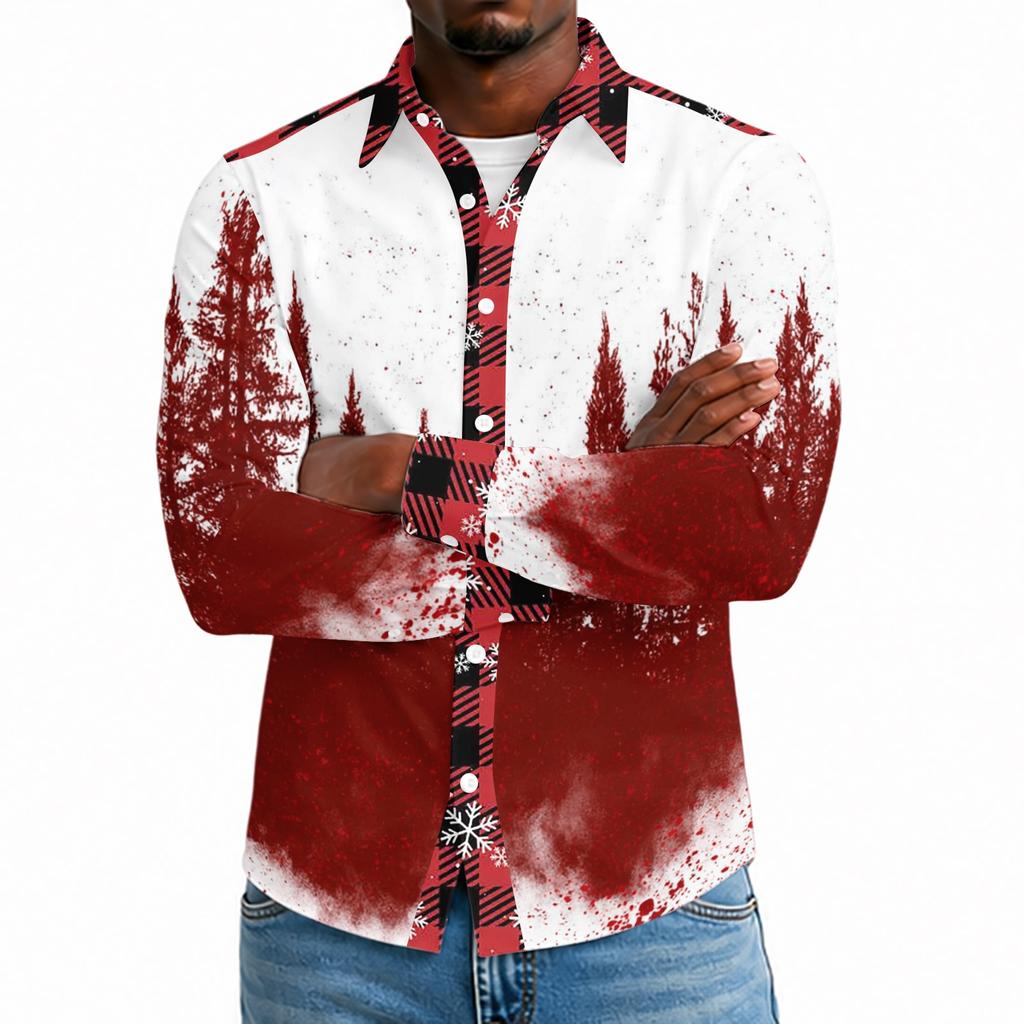 Men's Casual Long Sleeve Shirt with Christmas Print for Holiday Party and Fall