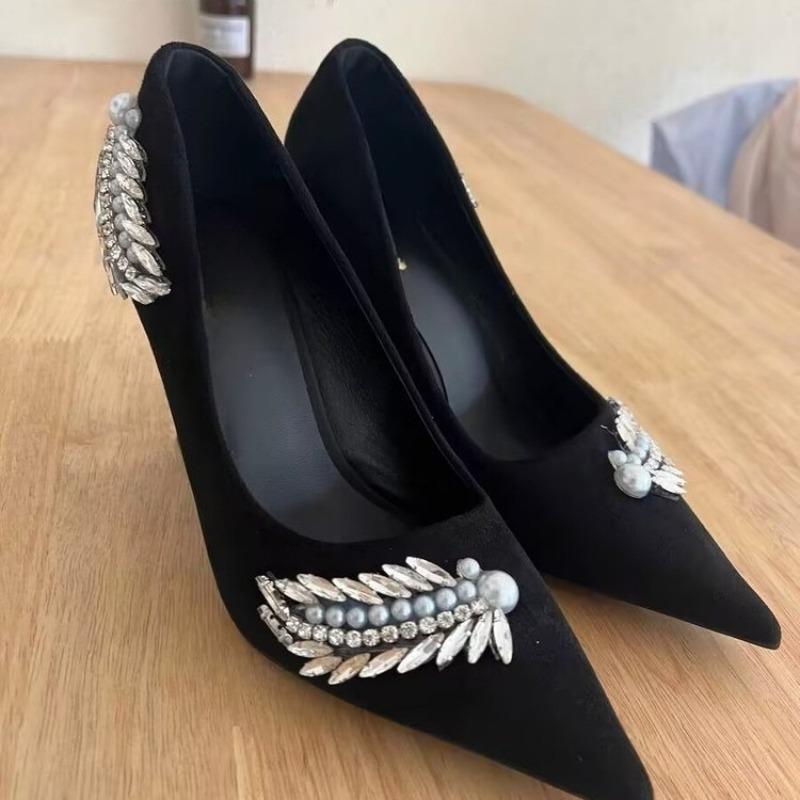 Fashion Temperament Stiletto Single Shoes Autumn New Pointed Toe Shallow Suede Slip-on Non-Slip Pearl Sequin Heels