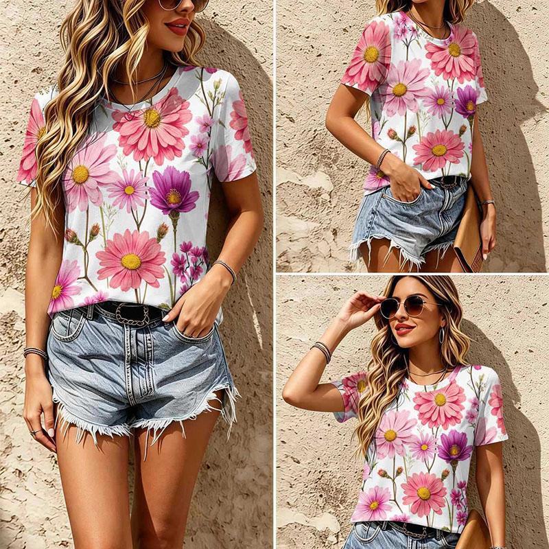 Vintage Ethnic Floral Print Tee Crew Neck Distressed Boho Casual Short Sleeve Pullover T Shirt Top
