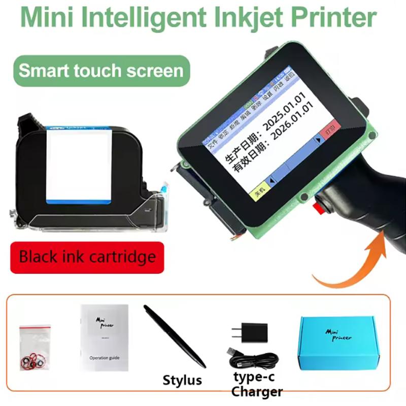 

Smart Touchscreen Inkjet Printer with Black Quick-Drying Ink Cartridges QR Bar Batch Code Date Number Expiry Handheld Printer EU Plug