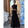 Women's Long Dress Temperament Elegant Round Neck Mesh Pleated Navel Dress