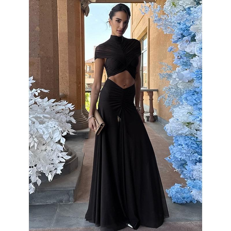 Women's Long Dress Temperament Elegant Round Neck Mesh Pleated Navel Dress