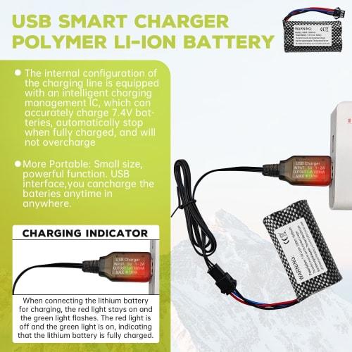 2PCS 1500mAh SM-3P Plug Lithium Battery with USB Charging Cable Compatible with DE43, DE60, RC Remote Control Car Batteries, 1575, and Toy Car Battery