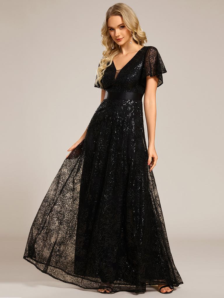 Ever-Pretty Damen Exquisite Illusion V-Ausschnitt Pailletten Stickerei Maxi Abendkleider mit Rüschen Ärmel