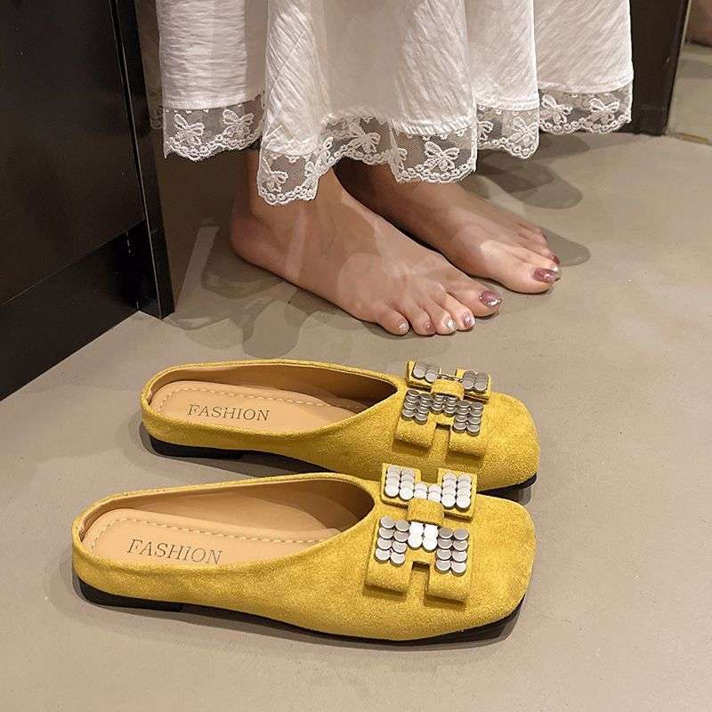Fashion Metal Square Toe Flats Women's Slippers Ladies Sandals New Fashion Slides On Sale Chic Elegant Low Price Shoes Promotion Mules