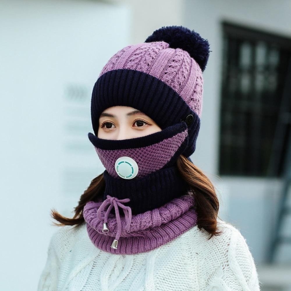 Comfortable Thick Fleece Beanie Hat Scarf Soft Plush Breathable Scarf Cap Keep Warm Winter Hat Mask Women