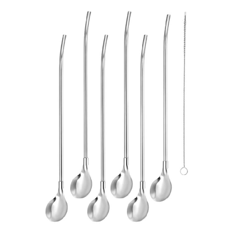 

6 шт. Багаторазові металеві соломинки-ложки Інструмент для перемішування молока та кави Металева соломинка Ложка для перемішування коктейлів Кухонний інструмент 1