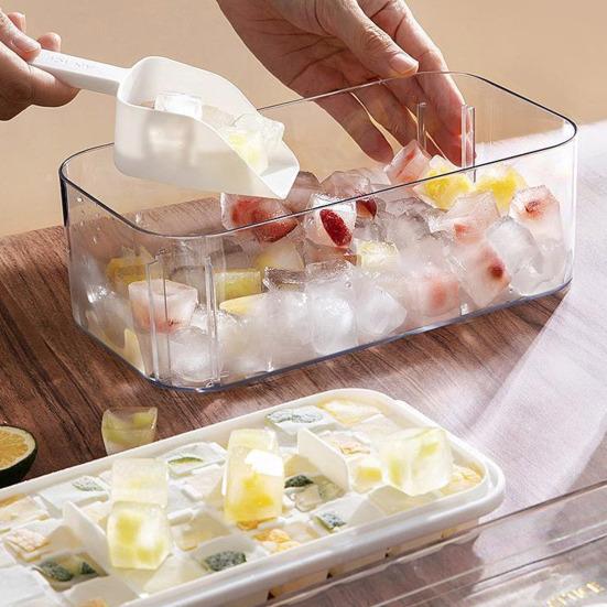 Ice Cube Mold with Lid And Storage Box One-Press Easy-Release Double Layer Ice Tray with Scoop BPA-Free Food Grade Ice Maker for Cocktails Whiskey