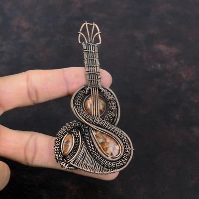 Güneş Taşı Kolye Bakır Tel Sarılmış Kolye Doğal Değerli Taş Kolye Tel Sarılmış Mücevher El Yapımı Gitar Kolye Bakır Mücevher Hediyesi Kadınlar İçin
