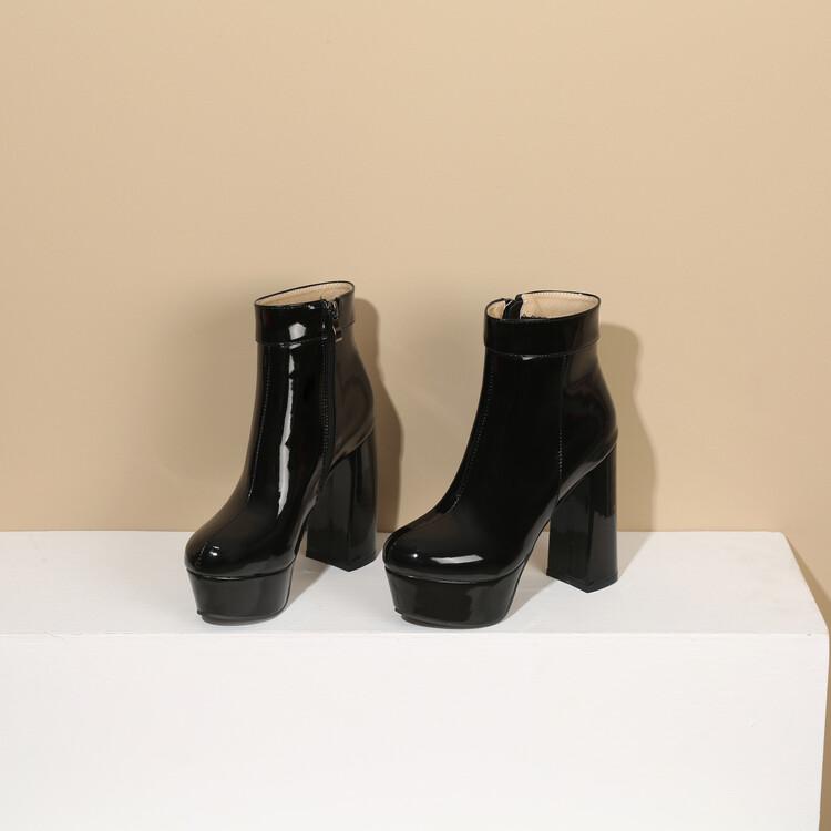 Jasná lakovaná kůže Růžové červené boty Ženy Robustní podpatky Platforma Goth boty Růžová Béžová Boty na vysokém podpatku 43