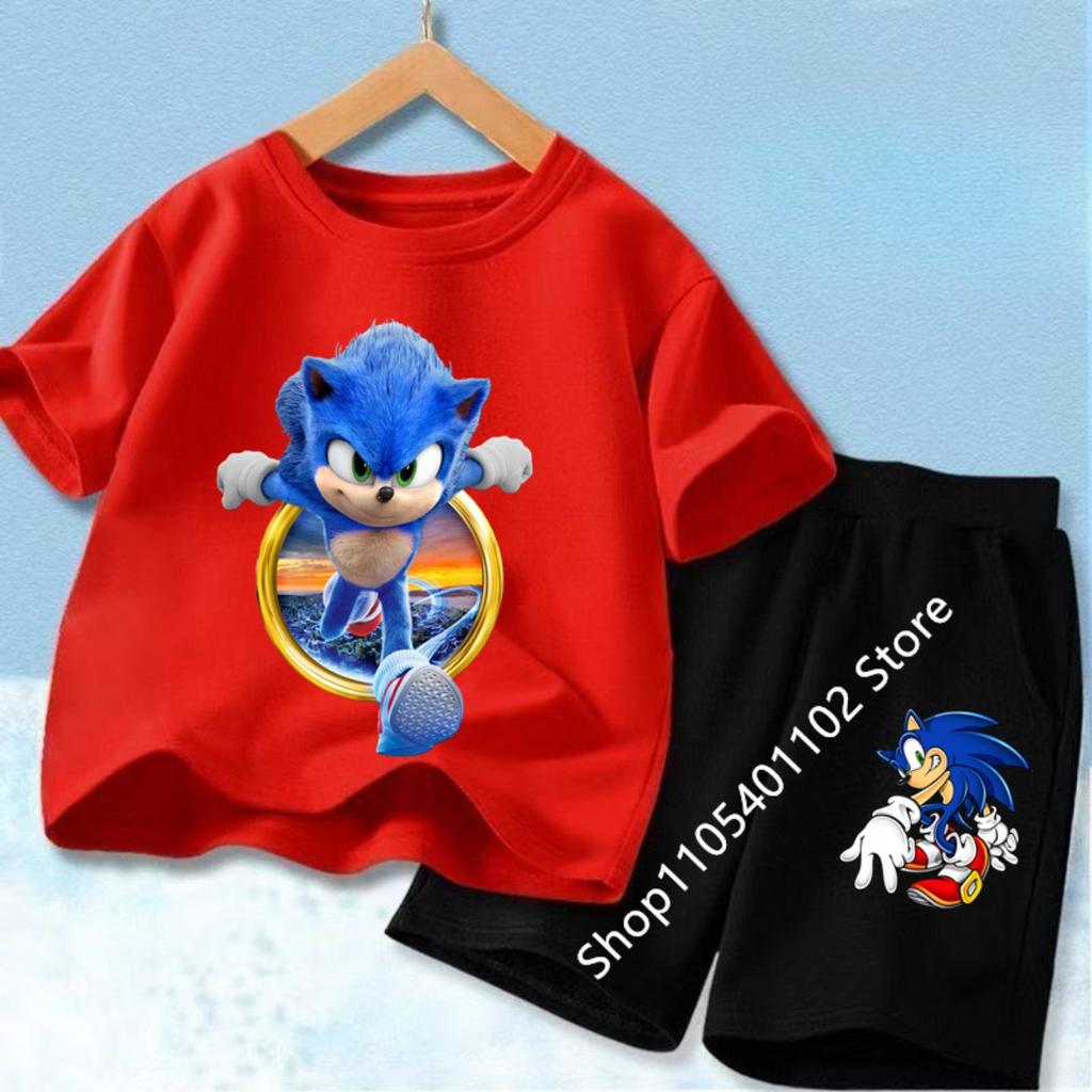 Fashion Anime Children's T-shirt Set Sonics The Hedgehog Top Short Sleeve + Shorts Two-piece Set Girls Boys Cosplay Costume