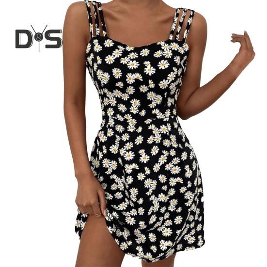

Женское платье с цветочным принтом, контрастного цвета, вырез А-силуэта, без рукавов, длина выше колена, свободный подол, молния сзади, женское пляжное платье L чёрный