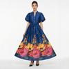 French Vintage Flower Maxi Dress Women Puff Sleeve V-Neck Elegant Floral Print High Waist Sashes A-Line Summer Beach Long Maxi Dresses