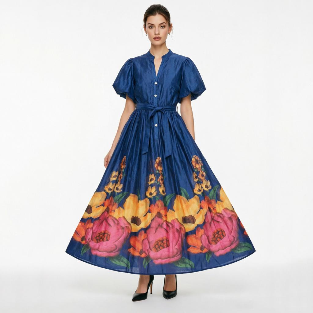 French Vintage Flower Maxi Dress Women Puff Sleeve V-Neck Elegant Floral Print High Waist Sashes A-Line Summer Beach Long Maxi Dresses