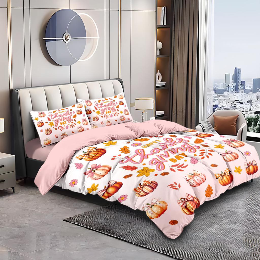 Comforter 3Pcs Pink Autumn Harvest Pumpkin Print Quilt Set With Coreless Multi Size Bedrooms Dormitories Soft Comfortable Machine Washable