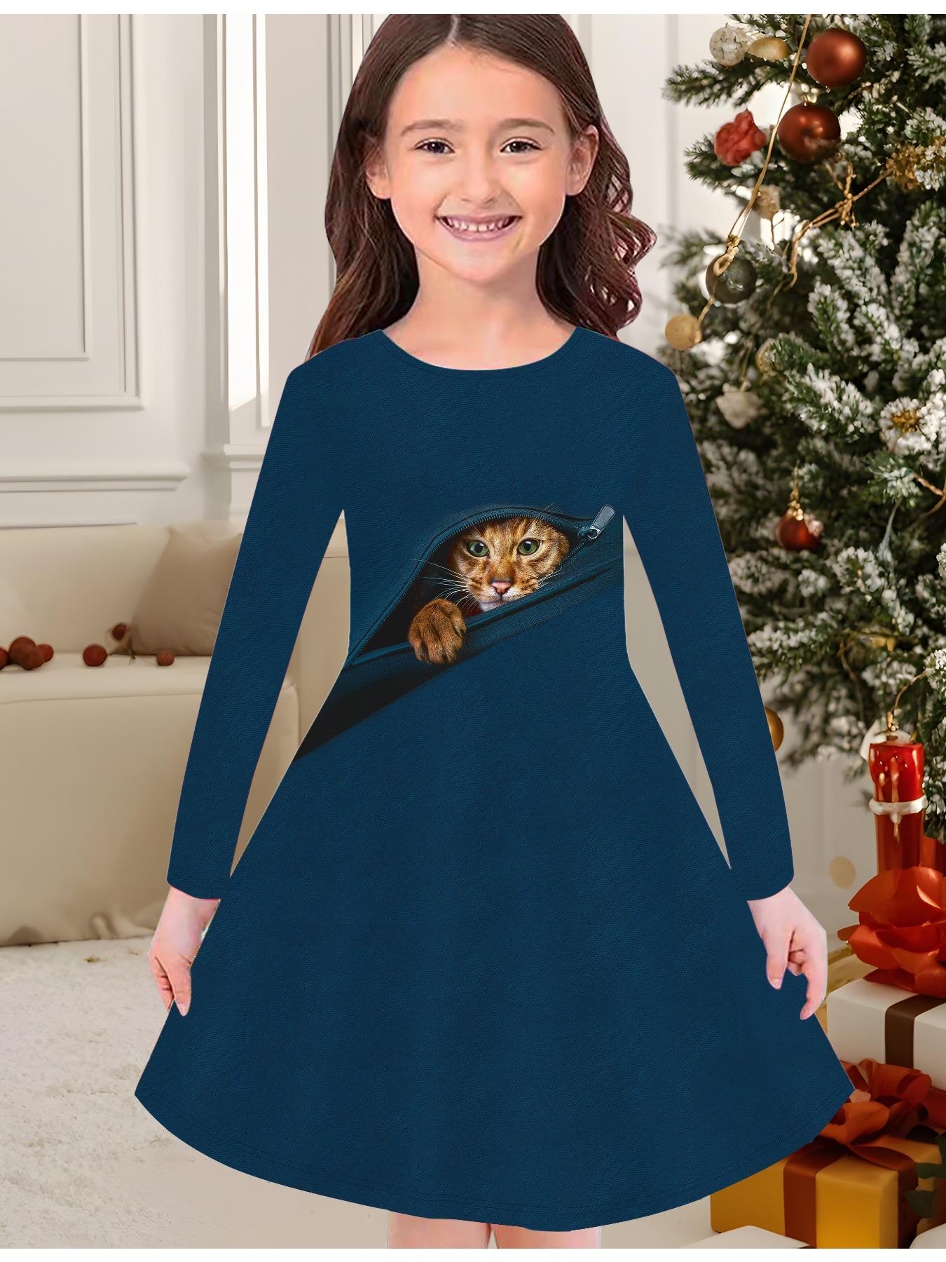 

Модное осенне-зимнее платье для девочек, милый 3D принт с котенком, круглая горловина, длинное детское платье-футболка, повседневное универсальное, рождественская одежда 170 синий