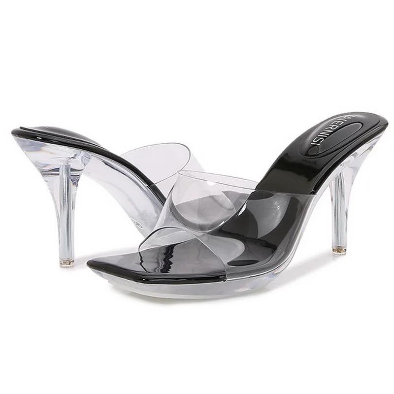

Women Transparent Square Toe Crystal High Thin Heel Slide Sandals for Outdoor Office Nightclub Evening Party Wedding Banquet 35 чёрный