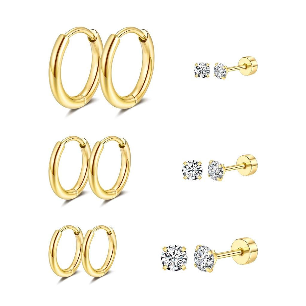 6 Pairs Hoop Earrings Cubic Zirconia Earrings Studs Set for Women 18k Gold Plated Surgical Steel Jewelry Gift