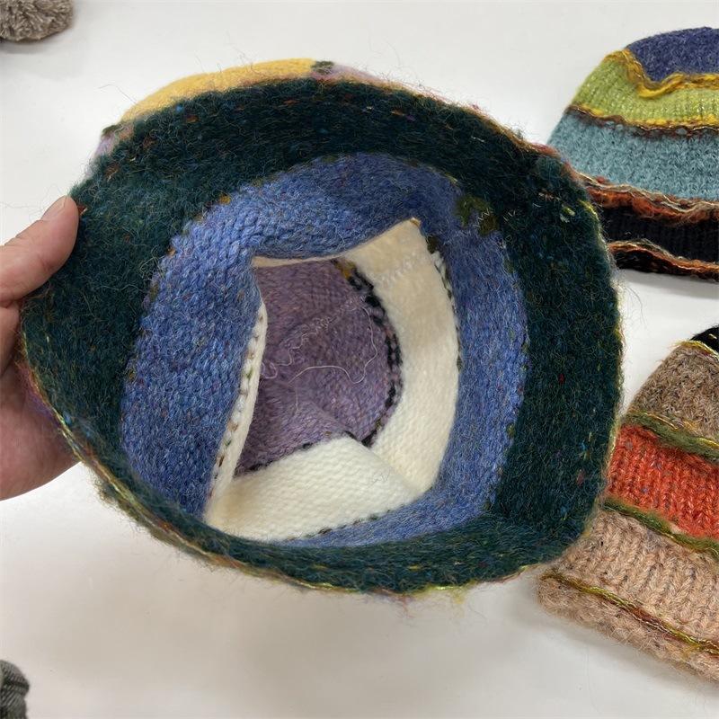 New Fashionable Contrasting Color Horizontal Striped Wool Blended Bucket Hat Women's Winter Face Small Warm Fisherman Hat