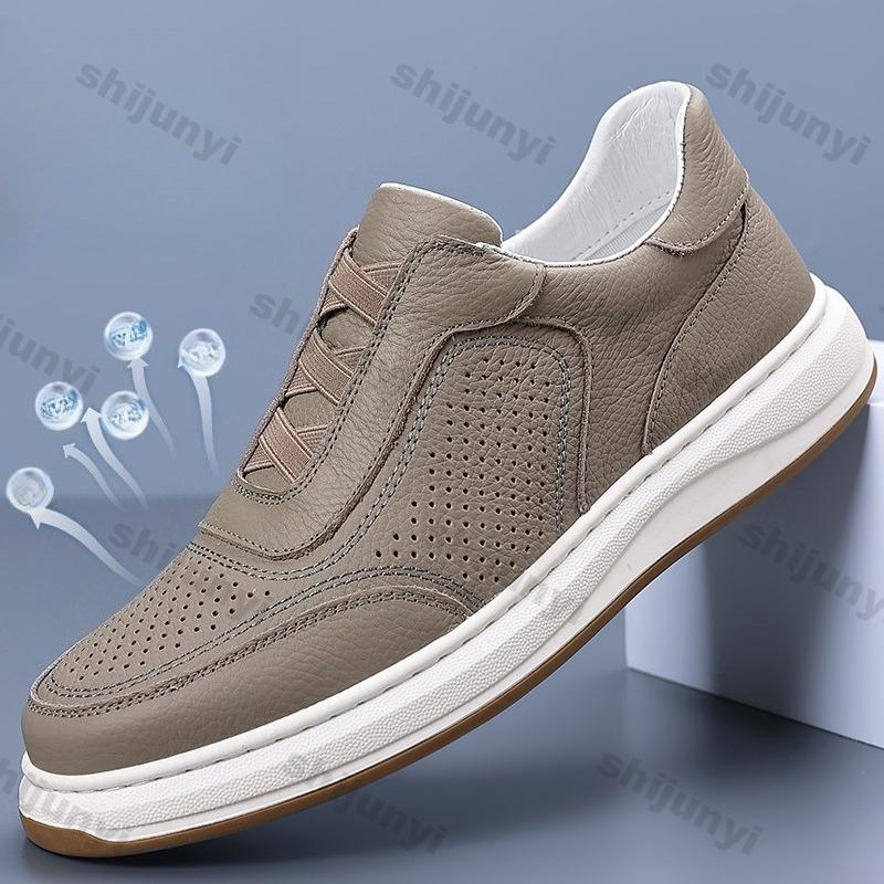 Fashion Men's Slip on Leather Shoes Autumn New Hollow Breathable Fashion Casual Shoes Comfortable Height Increase Outdoor Non Slip Flats