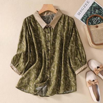 Summer Vintage Floral Shirt with Seven Quarter Sleeved Collar for Women Blouses & Shirts