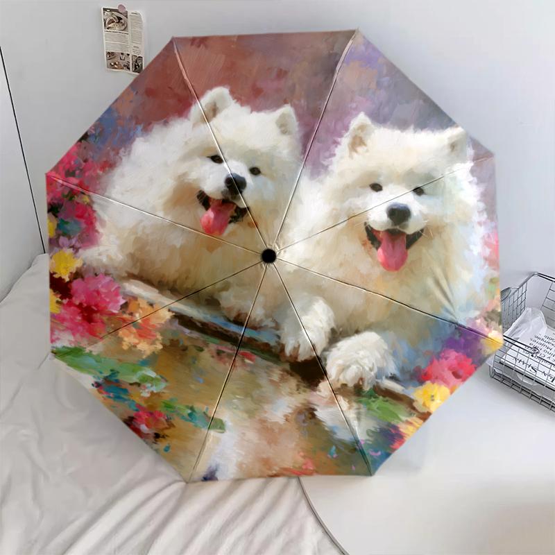 

Cute Samoyed pattern, automatic folding umbrella, portable and foldable design, 8 ribs, a Christmas or birthday gift.