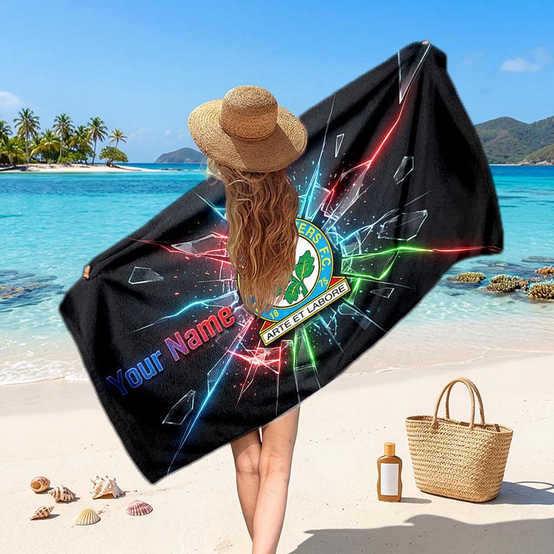 Blackburn Rovers FC Custom Beach Towel, Personalized Name Text Print, Football Logo Soft Quick‑Dry Towel Holiday Gift