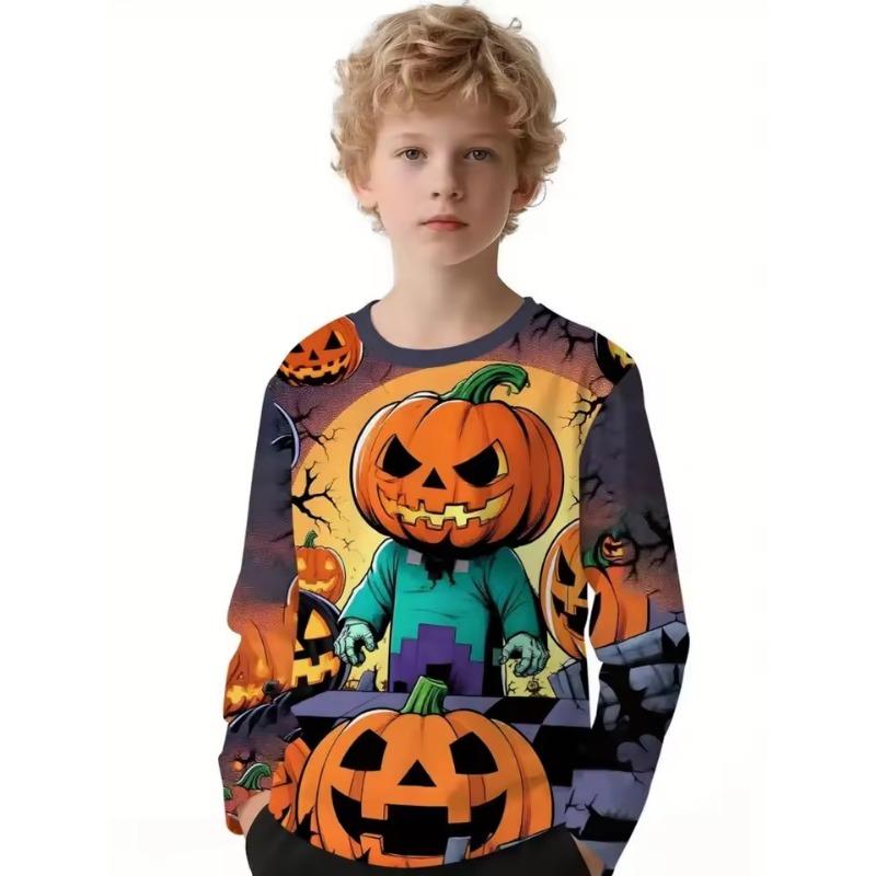 Halloween Boys T-Shirt Pumpkin Print Autumn Long Sleeve T-Shirt Casual Children's Tops Outdoor Comfortable Children's Clothing