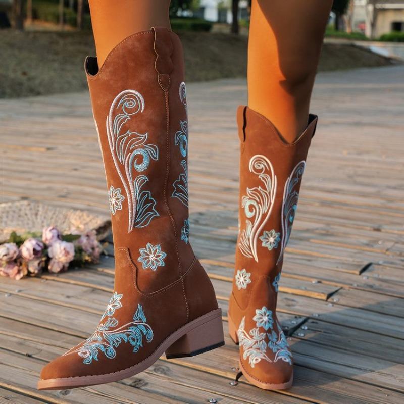 Dámské vysoké boty Retro vyšívané západní kovbojské boty pro ženy Špičaté vysoké podpatky Kožené kotníkové boty Módní rytířské Botas
