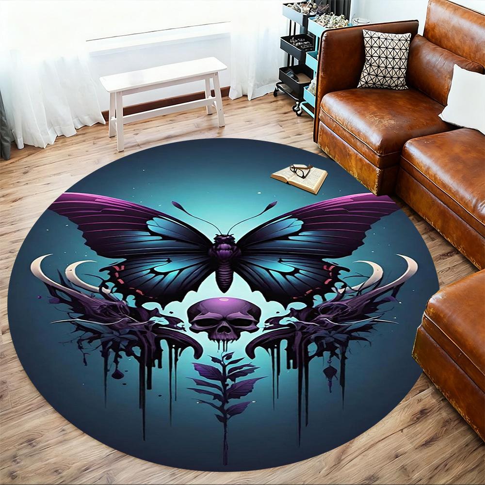 1PC Butterfly Skull Gothic Round Chair Mat Area Rug - Non-Slip, Floor Mat for Office, Bedroom, Home Decor Christmas Gift C0528060