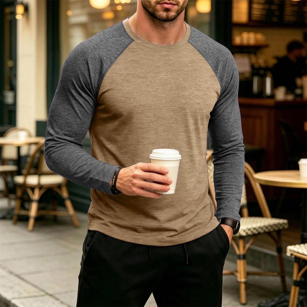 Men's Long Sleeve Color Block T-Shirt Round Neck Casual Basic Top