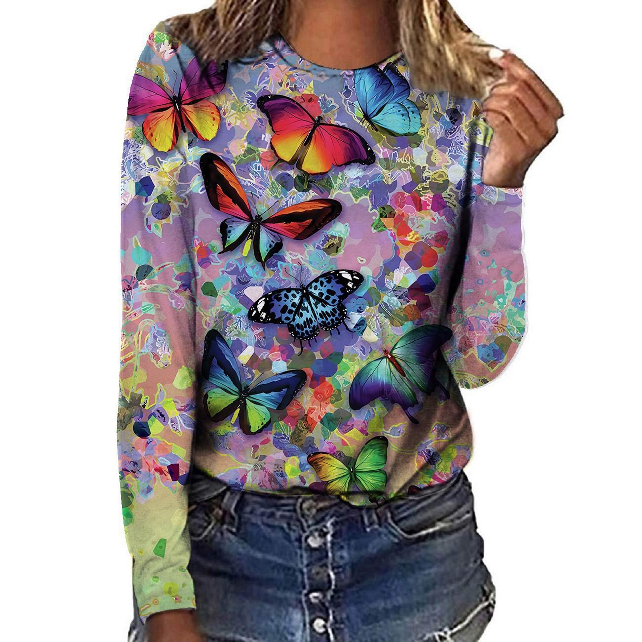 

Круглый вырез с 3D цветочным рисунком и рисунком животных, модные повседневные женские футболки с длинными рукавами 5XL