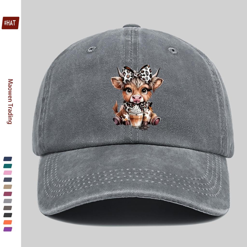 PC Niedliche Hochlandkuh Leopardenmuster Schleife Kaffee-Print Baseballkappe Einfache Dekorative Mütze für Lässige Reisende Mehrere Farben A