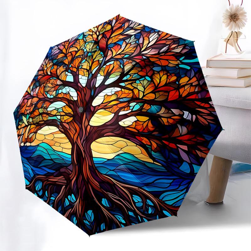 

1pc Stained Glass Sunflower & Dahlia Yin Yang Auto Open Close Umbrella, Portable 3-Fold Design, 8-Bone Iron Frame Outdoor Umbrella, Perfect Gift for F