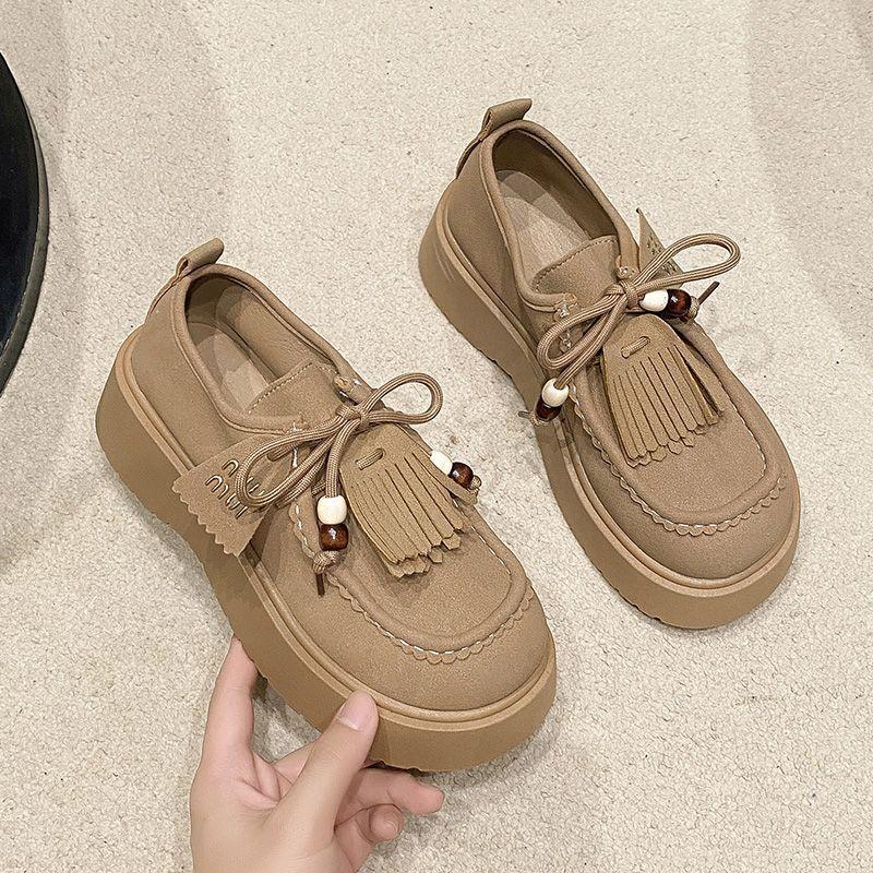 Versatile casual round head lace-up single shoes women's spring and summer new heightened platform muffin fringed Birken women's shoes