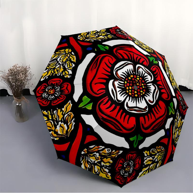 1pc Rose Pattern Automatic Open, Sturdy Iron Frame, Compact Folding Design, All-Season Portable Umbrella for Women & Men yy250801091