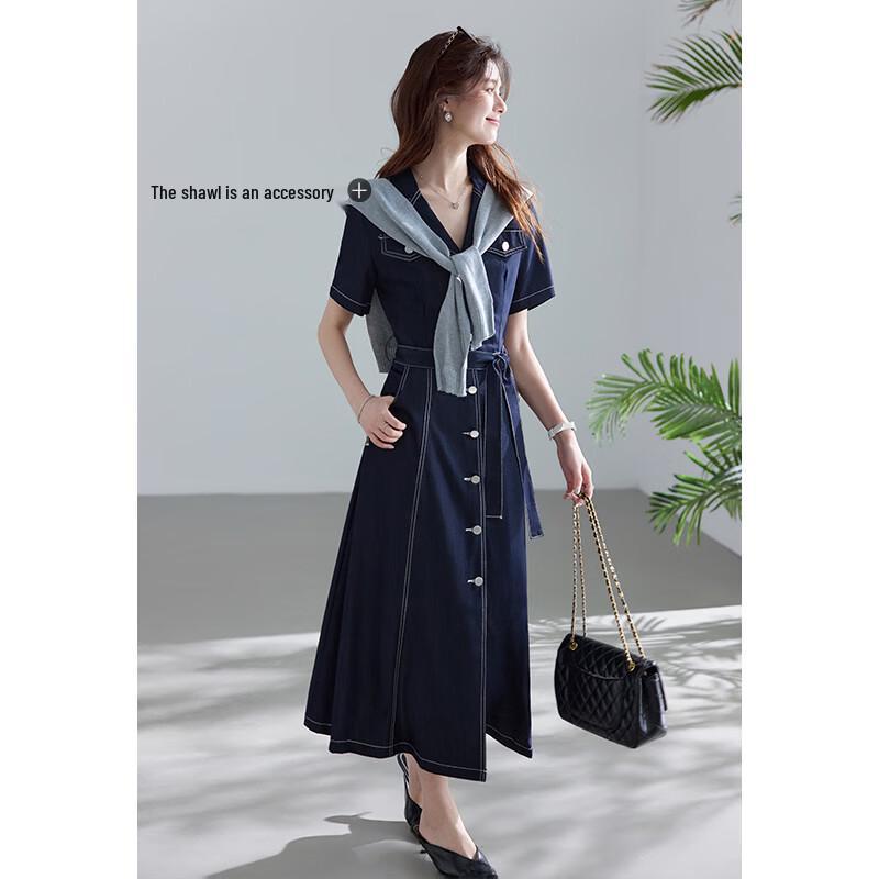 VICTORIA&VERA French Style Faux Denim Short Sleeve Maxi Dress