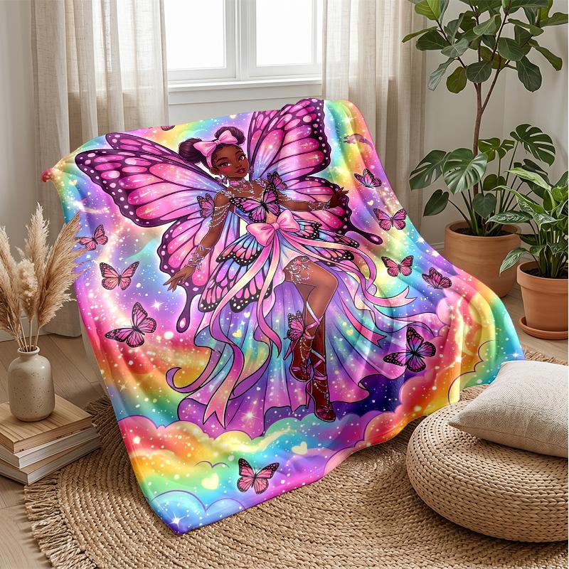 Fairy with Butterflies and Teddy Bears Theme Blanket Lightweight Warm Flannel Blanket Decorative Throw Blanket for Home Decoration