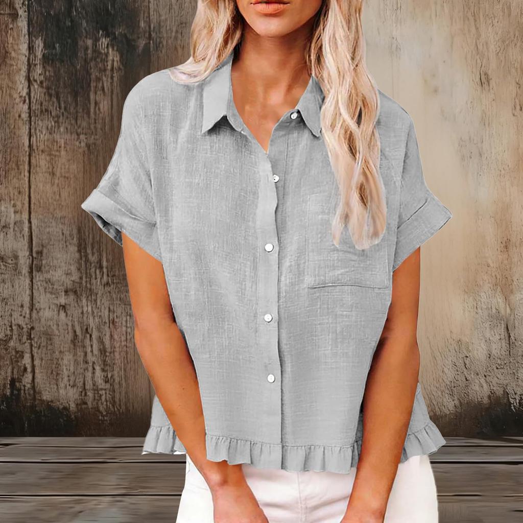 Women's Fashionable Loose-Fit Casual Shirt Button-Up Short-Sleeve Cotton-Linen Blend Top