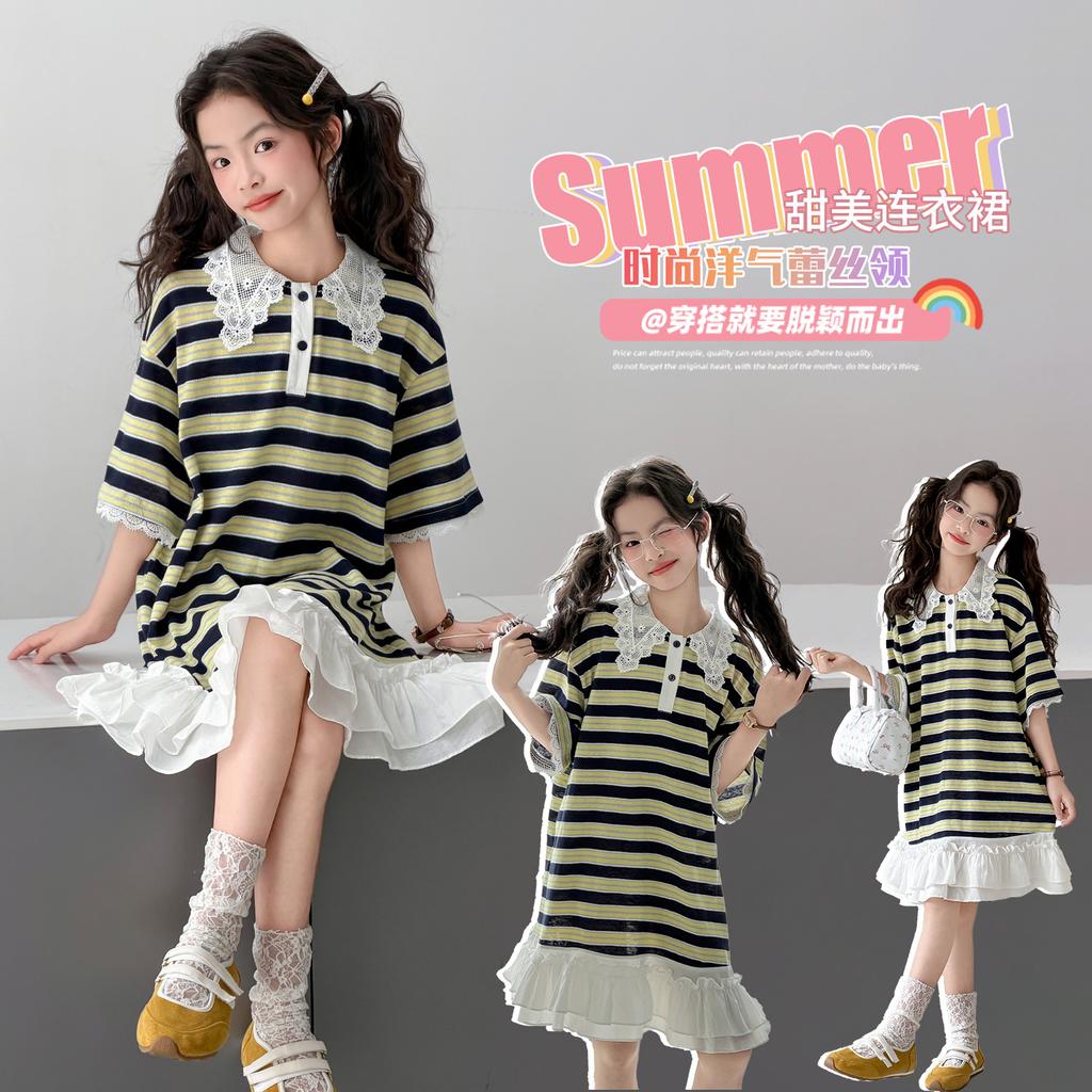Girls' dress summer 2026 new children's striped summer dress, mid size children's half skirt, girls' T-shirt dress trend