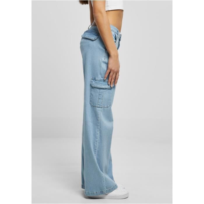 Pantalon cargo - Urban Classics - Femme - Taille haute - Denim extensible - Bleu clair
