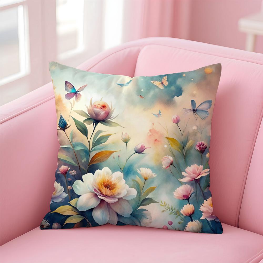Bright Gorgeous Anime Stunning Colorful Floral Cushion Cover Linen Pillowcase Cover Soft Decor for Sofa Home Room