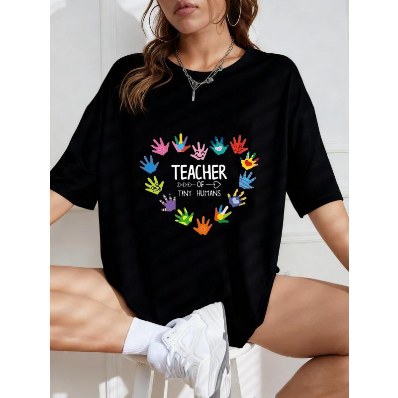 White Oversized T Shirt With Colorful Handprints And Teacher Of Tiny Humans Text For Casual Wear And Gift For Teachers