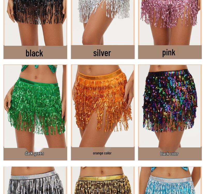 Bohemian Sequin Hip Scarf: Four-layer Tassel Waist Chain Belly Dance Costume for Women. Perfect for Halloween Performances.