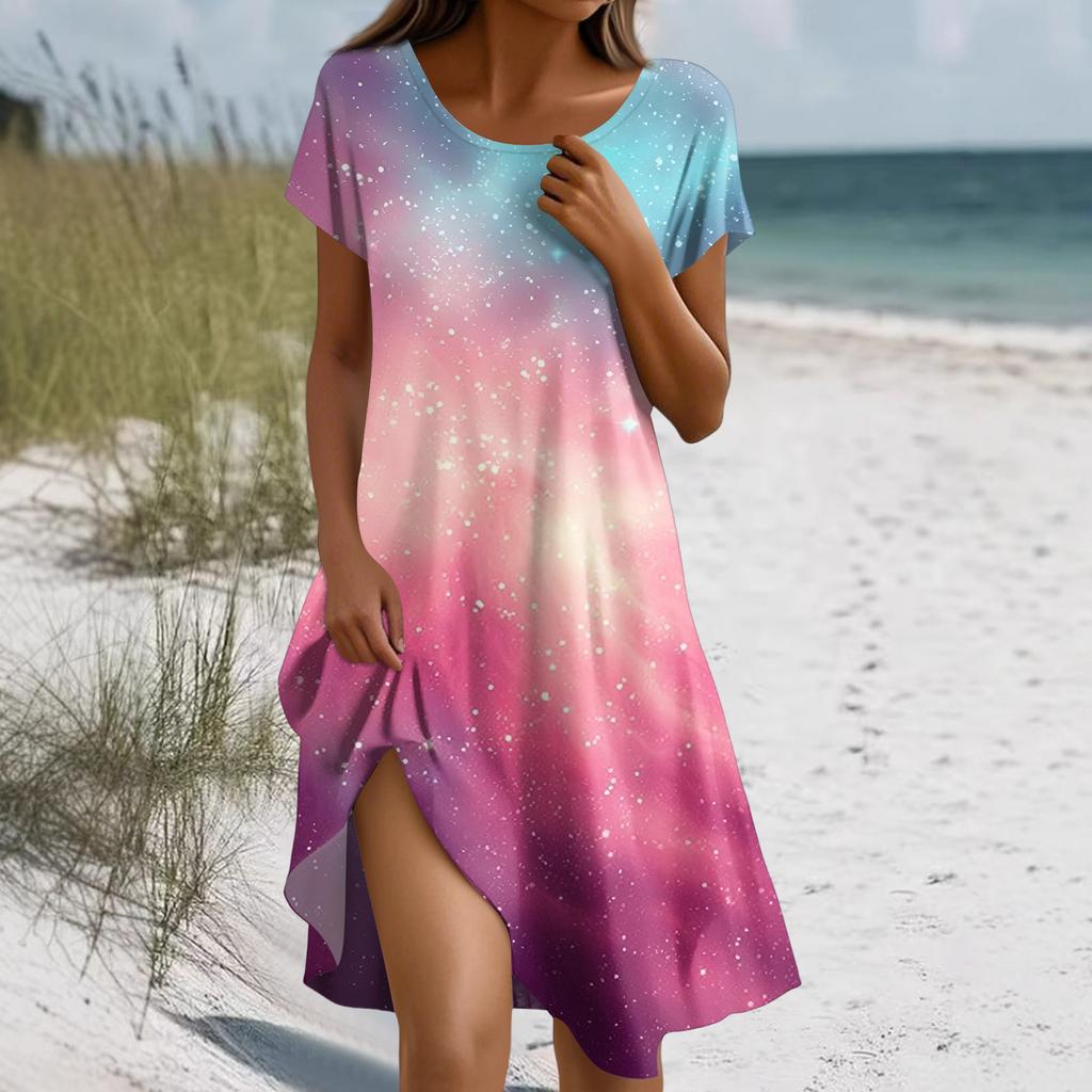 Damenmode Kurzarm Boho-Print Kleid Mit Taschen