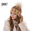 Soft Acrylic Polyester Cap Knit Winter Hat with Faux Fur Pom, Thick Color Thermal Headwear for Skiing Block Cable Cap, Elastic Cold Weather