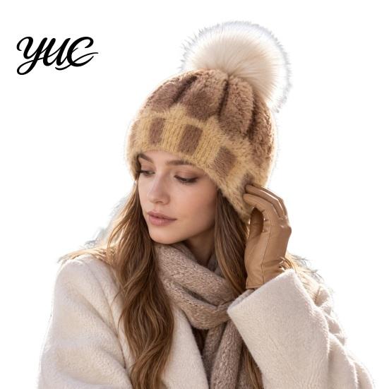Soft Acrylic Polyester Cap Knit Winter Hat with Faux Fur Pom, Thick Color Thermal Headwear for Skiing Block Cable Cap, Elastic Cold Weather