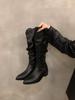 Vintage Brown V-mouth Stack Medium Tube Boots Women's Shoes 2025 Spring and Autumn Winter Pointed Western Cowboy Boots