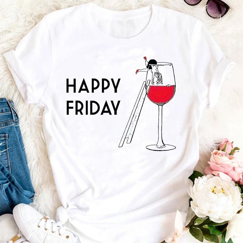 Women T Shirt Wine Glass And Starry Sky Print White Tshirt Female T-Shirt Fashion Short Sleeve Tee Tops Harjauku Cute Tshirt