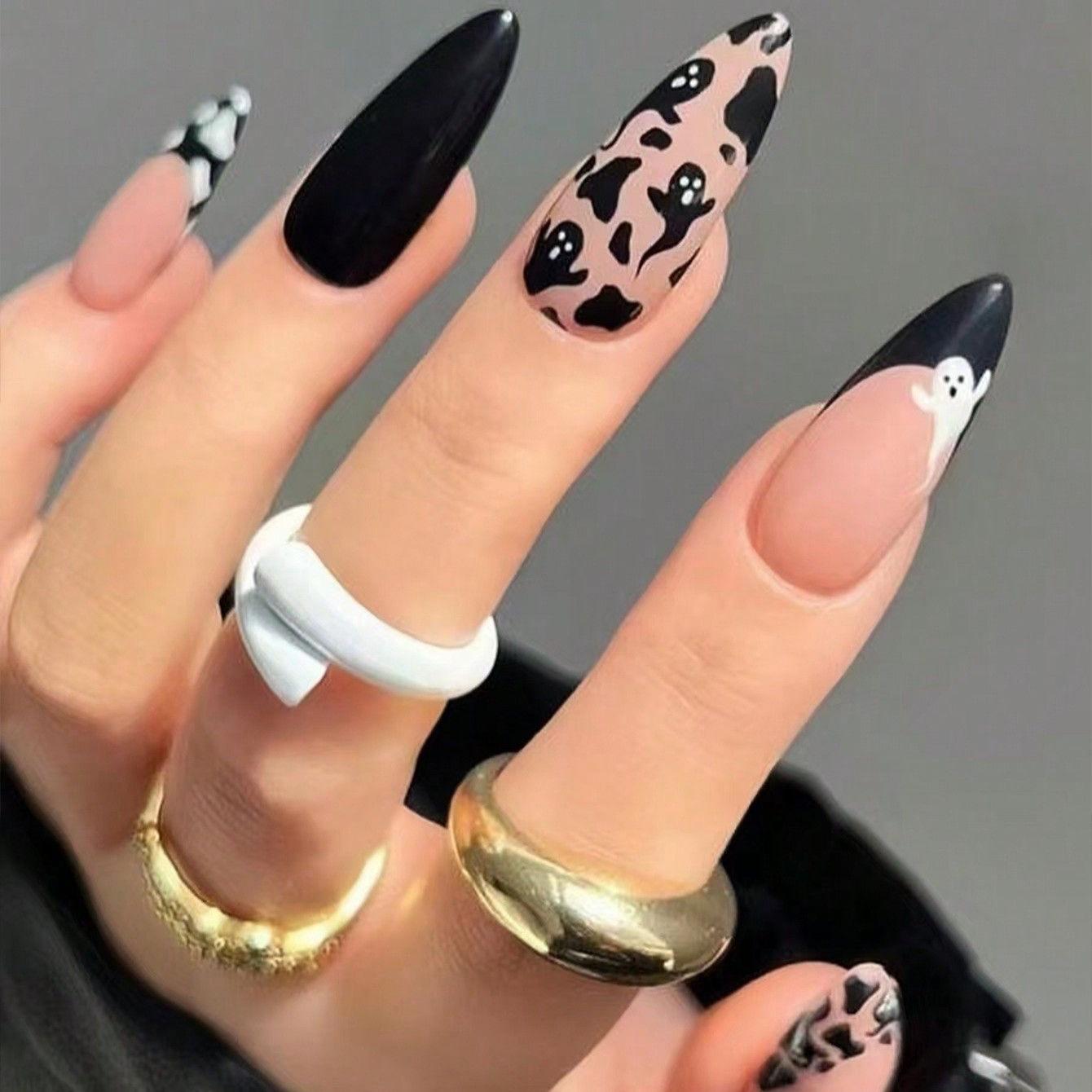 

BEPAN 24pcs Halloween Dark French Style Press on Nails Pink Black and White Spots 3D Fake Nails Full Cover Wearable False Nails